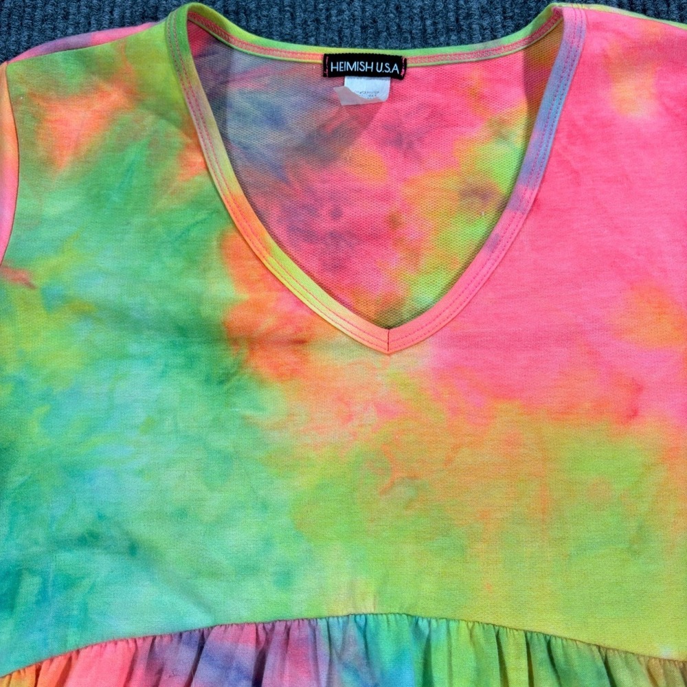 Heimish USA Babydoll Top Women S Multicolor Tie Dye Neon V-Neck 3/4 Sleeve Boho
